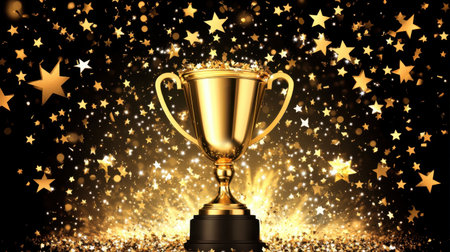 This stunning image features a golden trophy radiating glory, surrounded by sparkling stars and glittering particles, symbolizing victory and achievement in any celebratory event.の素材