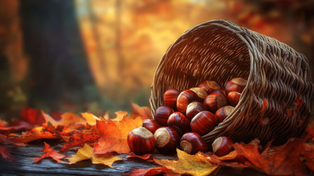 A charming scene featuring a woven basket filled with chestnuts, surrounded by colorful autumn leaves, evoking the warmth and beauty of the fall season in a peaceful forest setting.の素材