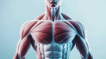 Detailed anatomical illustration highlighting human muscles in the upper body, ideal for educational and informational purposes in health, fitness, and biology.の素材