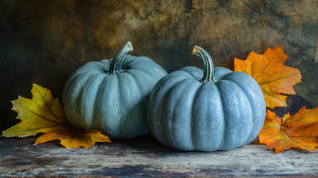 Two blue pumpkins rest beside vibrant autumn leaves on a rustic wooden table, creating a beautiful fall arrangement that highlights seasonal colors and textures.の素材