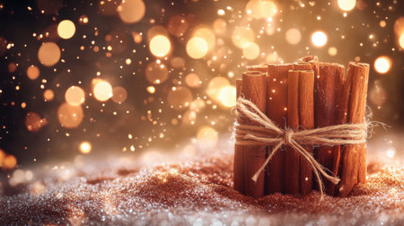 A charming arrangement of bundled cinnamon sticks tied with twine, set against a background of soft glittering lights, creating a warm and magical holiday feel.の素材