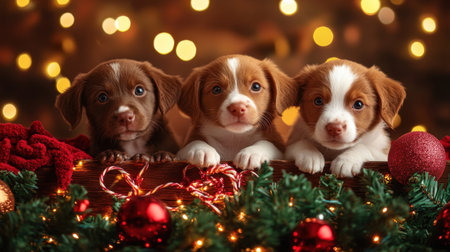 Three adorable puppies pose in a festive setting with holiday decorations and sparkling lights, capturing the joy and warmth of the Christmas season.の素材