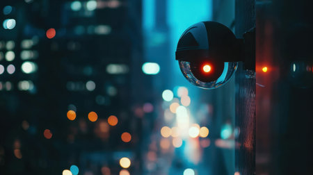 A close-up of a surveillance camera mounted in an urban setting, capturing city lights at dusk, with a blend of vibrant bokeh and a sense of modern security technology.の素材