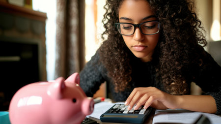 A young woman intently calculates her finances using a calculator, surrounded by study materials and a piggy bank, representing the importance of financial literacy and personal budgeting.の素材
