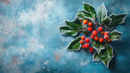 A vibrant arrangement of holly berries and frosted leaves against a textured blue background, ideal for holiday decorations, winter themes, and festive celebrations.の素材
