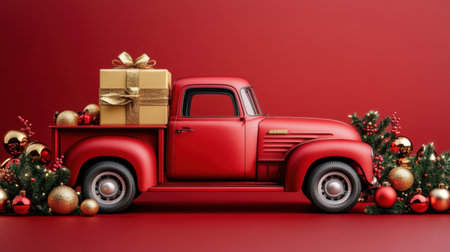 A charming vintage red truck carrying a beautifully wrapped Christmas gift, surrounded by festive decorations, evokes the spirit of holiday joy and celebration in a simple yet elegant design.の素材