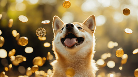A cheerful Shiba Inu enjoying a moment of joy amidst floating gold coins in a bright outdoor setting, radiating happiness and prosperity in a whimsical atmosphere.の素材