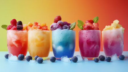 Enjoy a vibrant display of refreshing smoothie drinks in various flavors, garnished with fresh fruits and served over ice against a stunning gradient background.の素材