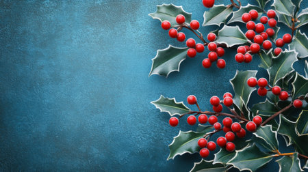 Bright red holly berries and lush green leaves create a festive display against a textured blue background, perfect for winter-themed designs and holiday decorations.の素材