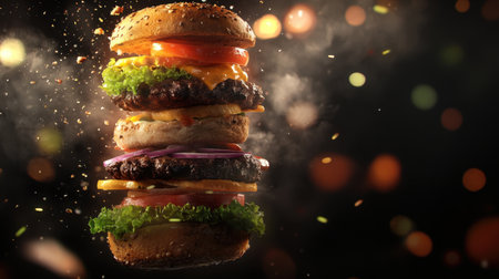 A stunning hamburger featuring layers of beef, melted cheese, and fresh vegetables, surrounded by enchanting sparkling effects on a dark backdrop. Perfect for food lovers.の素材