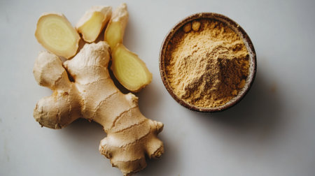 Fresh ginger root and ground ginger powder provide essential flavors and health benefits for various dishes, teas, and natural remedies in the kitchen.の素材