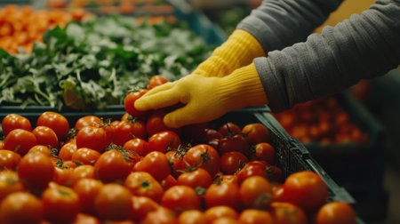 A close-up of fresh tomatoes being selected in a market setting, showcasing organic produce with a focus on healthy eating and vibrant colors of nature's bounty.の素材