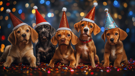 Five adorable puppies wearing festive hats gather to celebrate Christmas, surrounded by colorful confetti and sparkling lights, embodying joy and warmth of the season.の素材