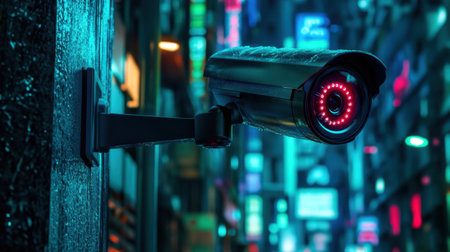 A high-tech surveillance camera mounted on a wall captures a vibrant urban nightlife scene, illuminated by neon lights in a bustling city, showcasing modern technology.の素材