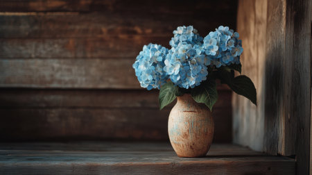 A serene still life featuring a stunning cluster of blue hydrangeas in a rustic vase, set against a wooden backdrop, perfect for enhancing any interior space with charm and tranquility.の素材