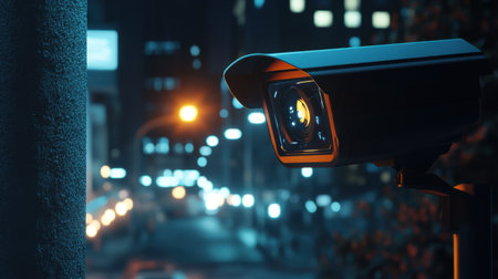 A sleek security camera captures the bustling city streets at night, creating an atmosphere of vigilance and modernity in urban environments, with blurred lights enhancing the scene.の素材