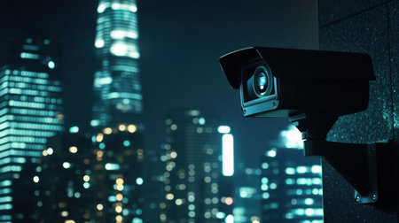 A striking surveillance camera captures the essence of urban nightlife, showcasing a glowing city skyline and emphasizing the importance of security in modern environments.の素材