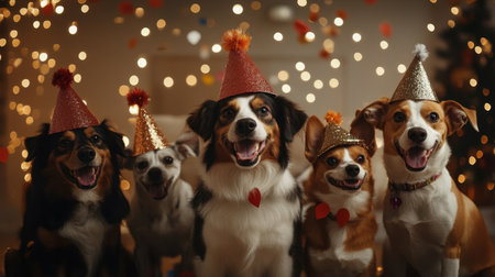 A group of cheerful dogs wearing festive hats captures the essence of celebration in a cozy indoor setting adorned with beautiful lights and decorations.の素材