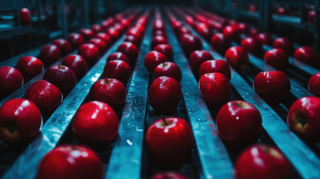 A captivating image of freshly harvested red apples lined up on a conveyor belt in a packing facility, highlighting the sorting and preparation process for distribution in the agricultural industry.の素材