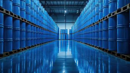 This image features a well-organized industrial warehouse filled with blue storage barrels on wooden pallets, highlighting a clean and efficient storage environment.の素材