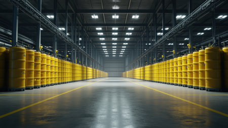 This image captures a spacious industrial warehouse filled with rows of brightly colored yellow cylinders, emphasizing modern storage solutions in an efficient and orderly environment.の素材