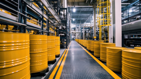 Vibrant industrial warehouse showcasing yellow barrels along an organized walkway, representing modern manufacturing processes and emphasizing safety and efficiency in production.の素材