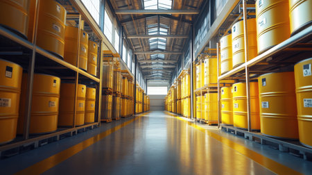 This image showcases an industrial warehouse featuring orderly rows of yellow storage drums, highlighting a professional and efficient storage solution for various materials.の素材