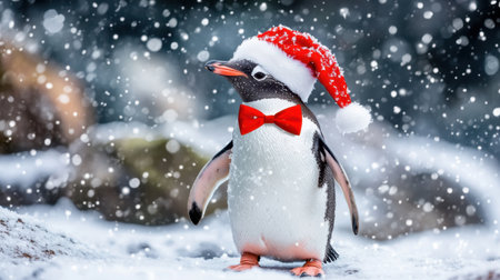 A charming penguin dressed in a festive red hat and bow tie stands in a snowy setting, embodying the joy and magic of the holiday season. Perfect for festive themes!の素材