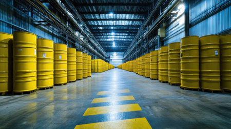 This image captures an industrial warehouse featuring bright yellow storage drums arranged in organized rows, highlighting a clean and structured environment with reflective concrete flooring.の素材