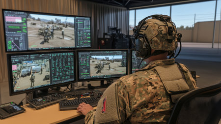 A military personnel operates advanced technology in a command center, utilizing multiple monitors to analyze tactical information essential for strategic operations and training.の素材