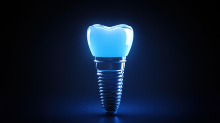 This digital illustration showcases a modern dental implant featuring a glowing tooth design on a stark dark background, ideal for healthcare and dental related projects.の素材