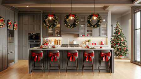 A beautifully decorated modern kitchen for Christmas, featuring wreaths, a festive tree, and elegant chairs, creating a cozy atmosphere for holiday celebrations and gatherings.の素材