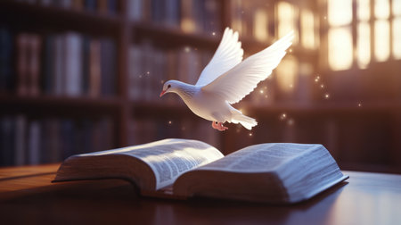A stunning image featuring a dove gracefully flying above an open book in a softly lit library, evoking feelings of inspiration, peace, and the magic of knowledge.の素材