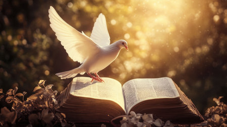 A serene white dove rests on an open book, illuminated by soft sunlight in a tranquil natural setting, embodying themes of peace and wisdom.の素材
