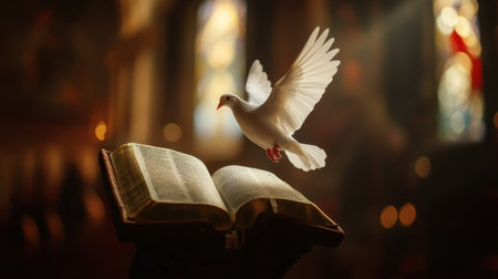 A serene scene showcasing a white dove in flight above an open Bible, illuminated by soft light filtering through stained glass windows, conveying peace and spirituality.の素材