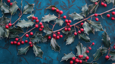 A captivating composition of a holly branch adorned with bright red berries against a textured teal background, perfect for evoking winter festivities and natural elegance.の素材