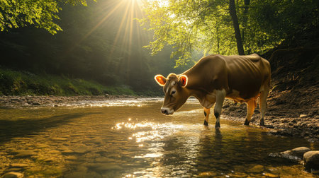 Brown cow drinks from clear forest stream, sunlight streaming through trees in peaceful sceneの素材