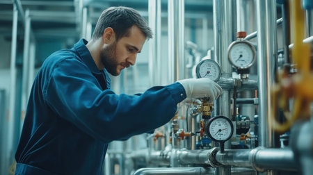 A young male technician in a blue uniform carefully adjusts an industrial valve in a modern factory, showcasing precision work amid various gauges and machinery in a professional environment.の素材
