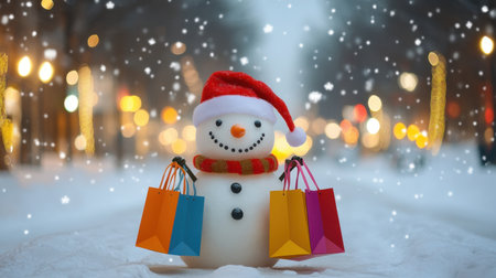 A playful snowman holds bright shopping bags in a snowy landscape, surrounded by falling snow and soft, twinkling lights, embracing the joy of the winter season.の素材