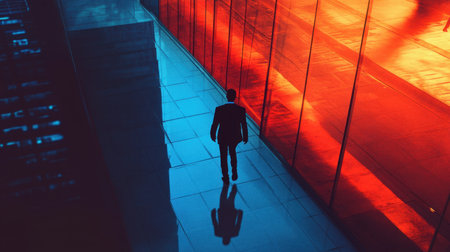 Businessperson resigning, exits company building, representing employee turnover and workplace shiftsの素材