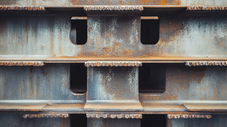 This image features a close-up view of weathered steel grating, showcasing its textured surface and industrial design patterns, perfect for architecture and construction themes.の素材