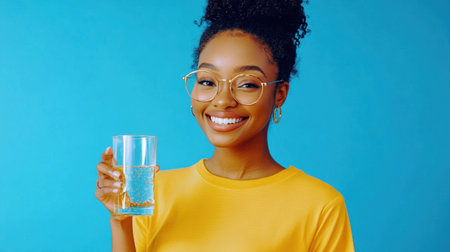 A joyful young woman with curly hair smiles brightly while holding a glass of sparkling water in a vibrant blue setting, promoting a refreshing and healthy lifestyle.の素材