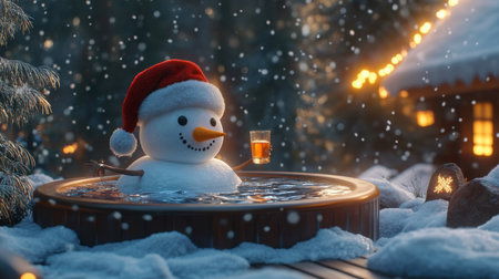 A playful snowman in a red hat relaxes in a hot tub with a drink, surrounded by falling snowflakes and sparkling Christmas lights, creating a festive winter atmosphere.の素材