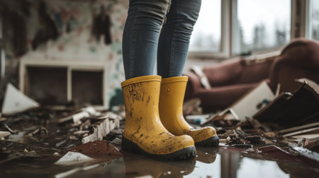 This image captures a person in yellow rubber boots standing in water-damaged surroundings, illustrating the challenges faced during cleaning and recovery in a flooded environment.の素材