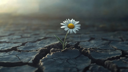 A daisy flower emerges from dry cracked soil, symbolizing rebirth, resilience, and the hope of new life in harsh conditionsの素材