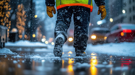A person walks through a snowy city street during winter, surrounded by soft lights and reflections, creating a peaceful yet lively evening atmosphere ideal for capturing winter themes.の素材