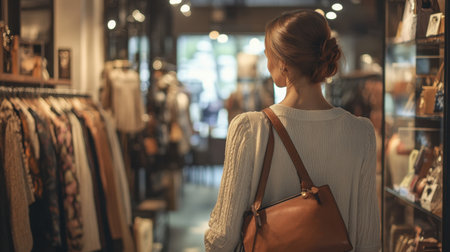 A fashionable woman explores a trendy boutique, surrounded by stylish clothing and accessories, reflecting her personal taste and unique style in a vibrant shopping environment.の素材