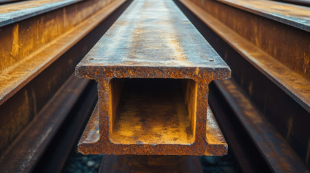 Detailed view of a rusted iron beam lying on railway tracks, showcasing industrial charm and weathered textures in a construction setting.の素材
