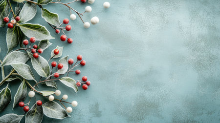 A visually appealing arrangement of frosty leaves and vibrant berries on a soft blue background, perfect for capturing the essence of winter holidays and festive decor.の素材