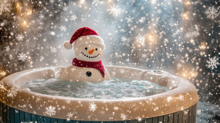 A whimsical snowman enjoying a hot tub bath amid falling snowflakes captures the essence of a cozy winter moment, perfect for holiday greetings and seasonal celebrations.の素材